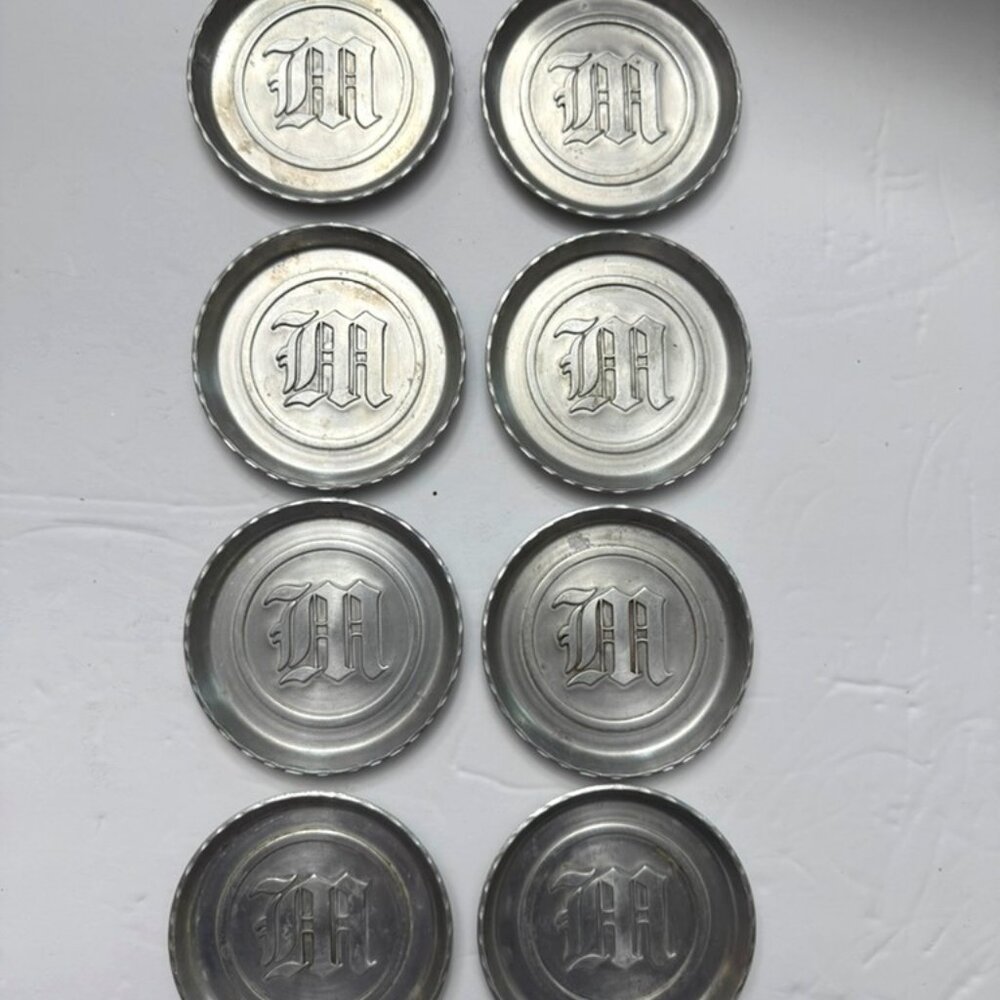 Vtg Set Of 8 Hammered Aluminum 3.25" Coasters-W or M Monogram Old English-MCM